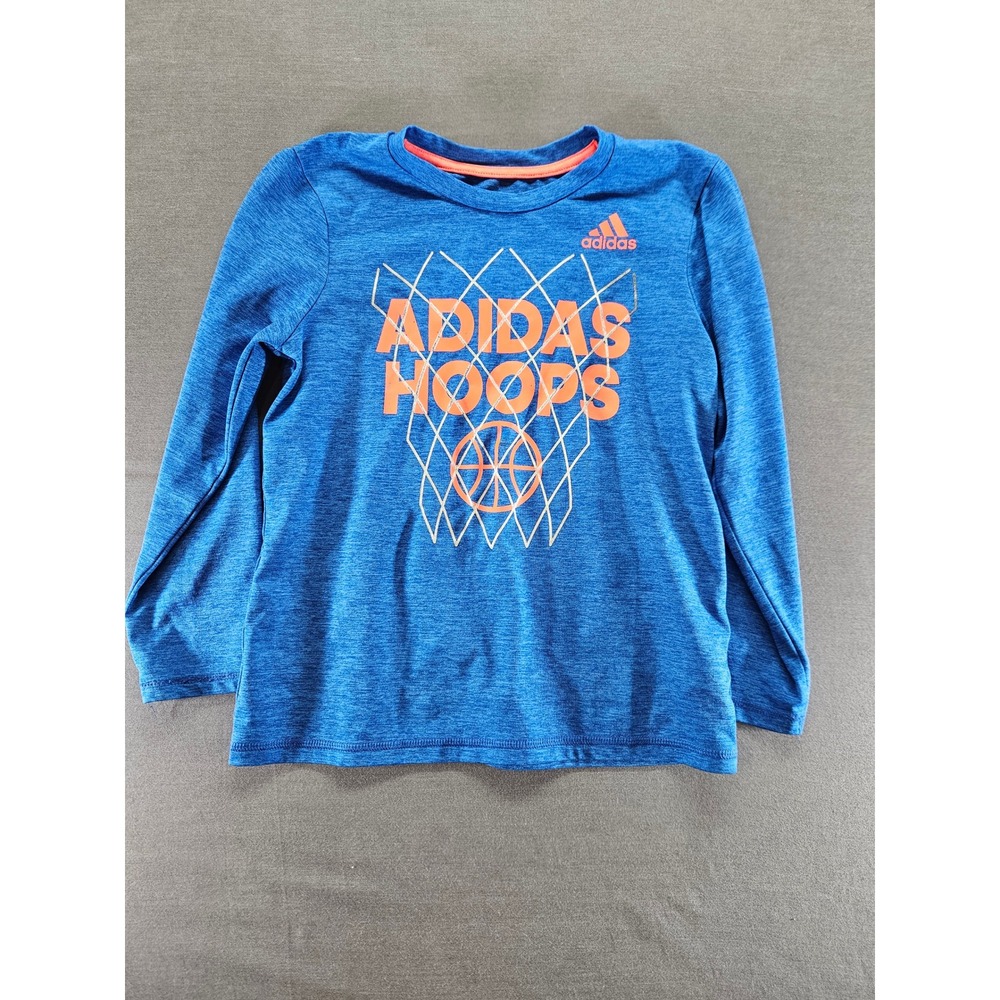 Adidas Hoops Boys Blue Heathered Long Sleeve Climalite Graphic Tee Shirt Size 7
